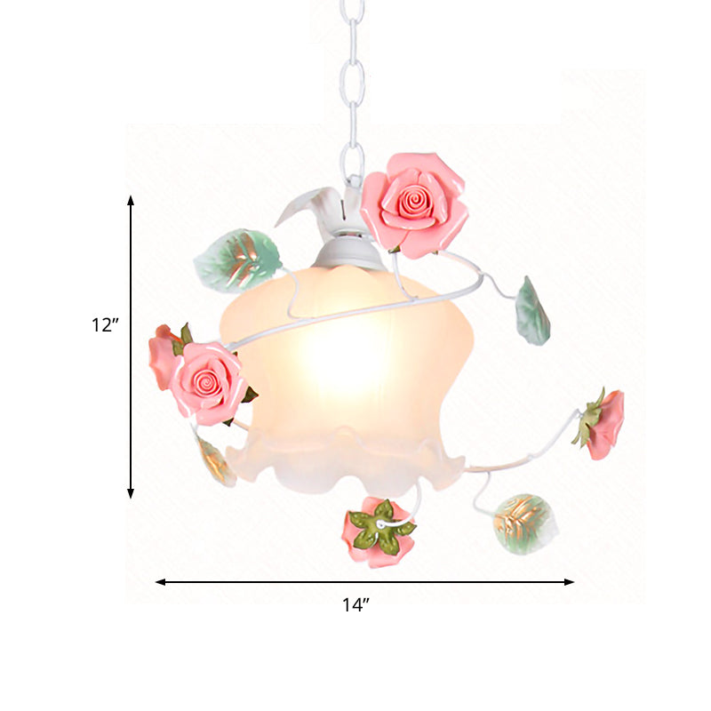 Pastoral Style Rose Hanging Lamp - 1-Bulb White Glass Pendant For Living Room