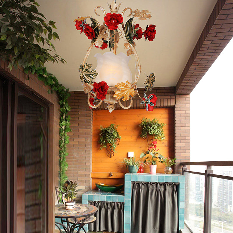 Brass Ceiling Light With Crystal Raindrop Pendant And Flower Decor - Antique Style