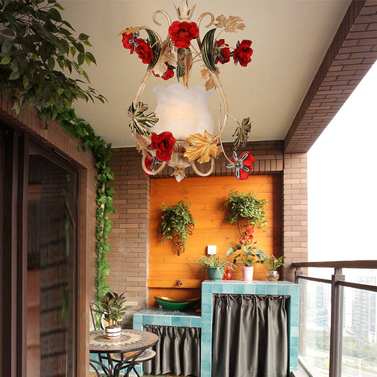 Brass Ceiling Light With Crystal Raindrop Pendant And Flower Decor - Antique Style