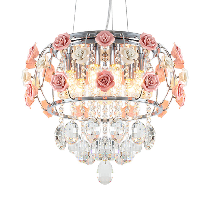 Modern Chrome Drum Cage Pendant Chandelier With Crystalline Pink Rose Accent - Dining Table