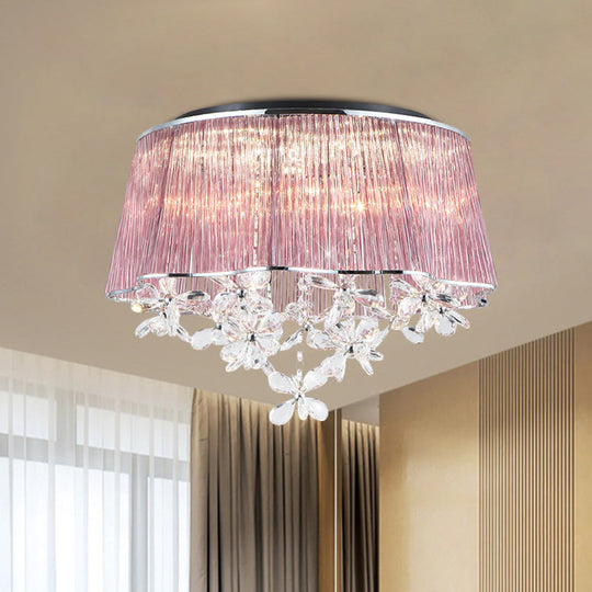 Plafonnier à tiges de cristal rose moderniste avec abat-jour tambour festonné, montage encastré à 3 lumières