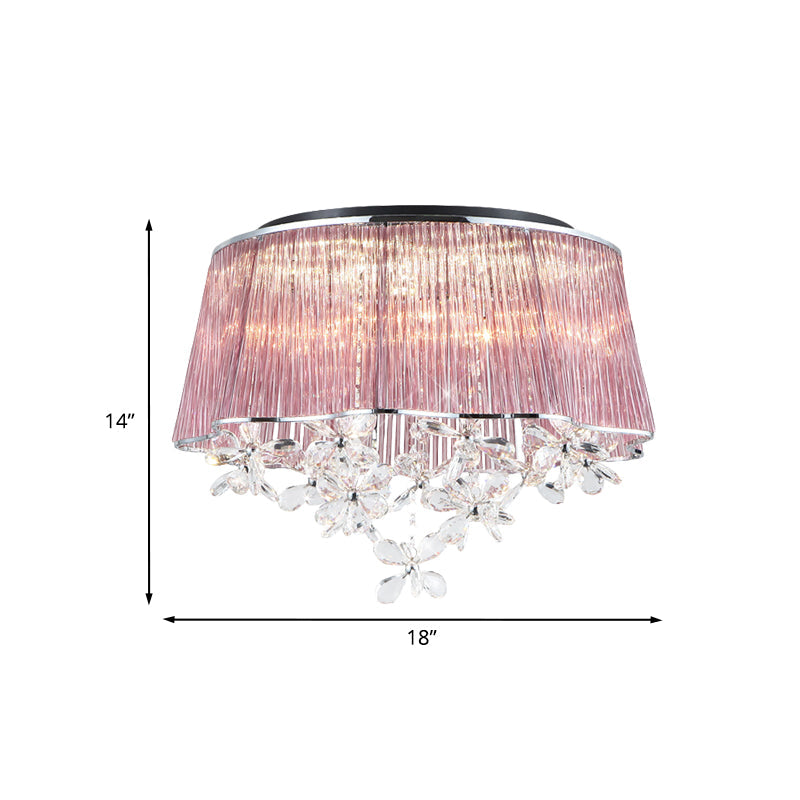 Modernist Pink Crystal Rods Ceiling Lamp With Scalloped Drum Shade 3-Light Flush Mount