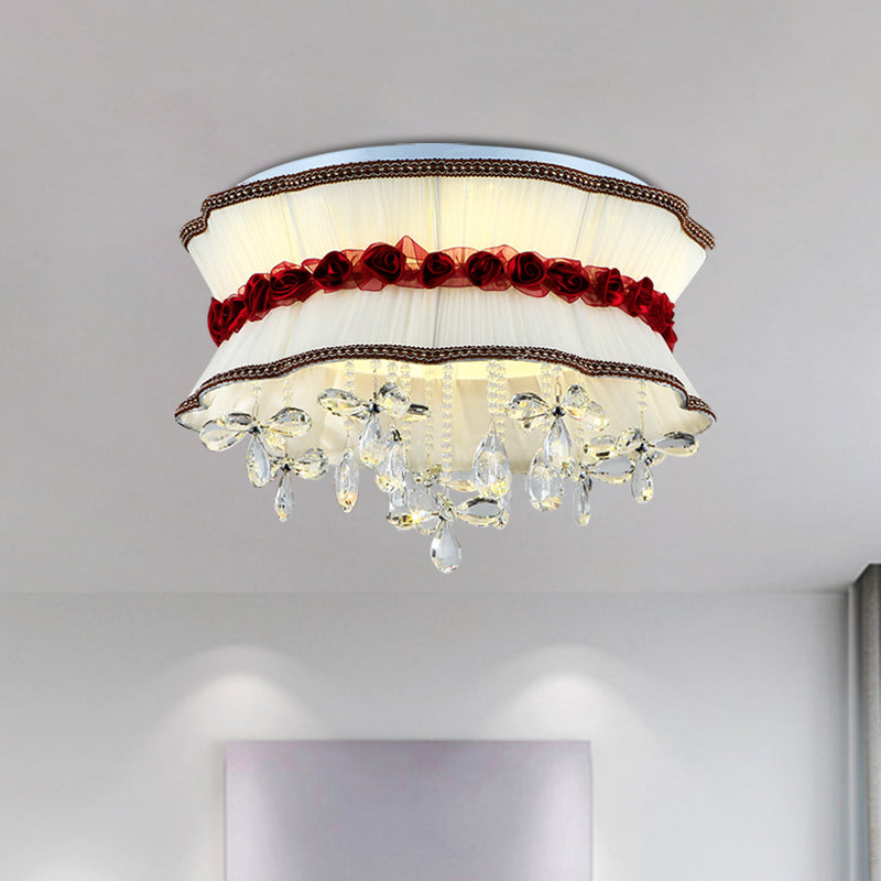 Modern Pleated Fabric Bouquet Flush Mount LED Ceiling Light in Beige with Red Rose Accent and Crystal Drops for Bedroom