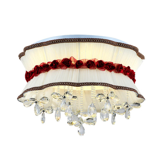 Modern Pleated Fabric Bouquet Flush Mount Led Ceiling Light In Beige With Red Rose Accent And