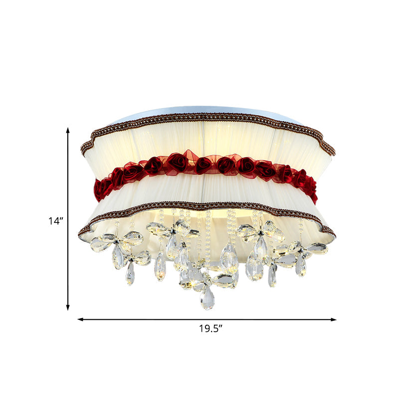 Modern Pleated Fabric Bouquet Flush Mount LED Ceiling Light in Beige with Red Rose Accent and Crystal Drops for Bedroom