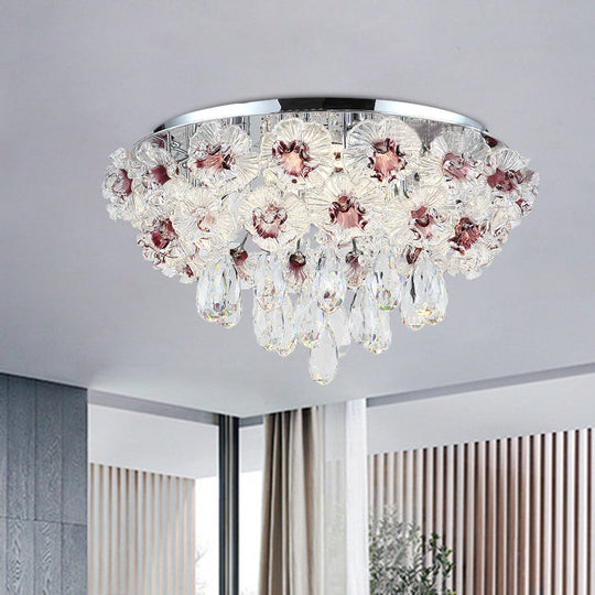 Contemporary Crystal Flower Ceiling Lamp - 3-Light Flushmount Lighting for Living Room