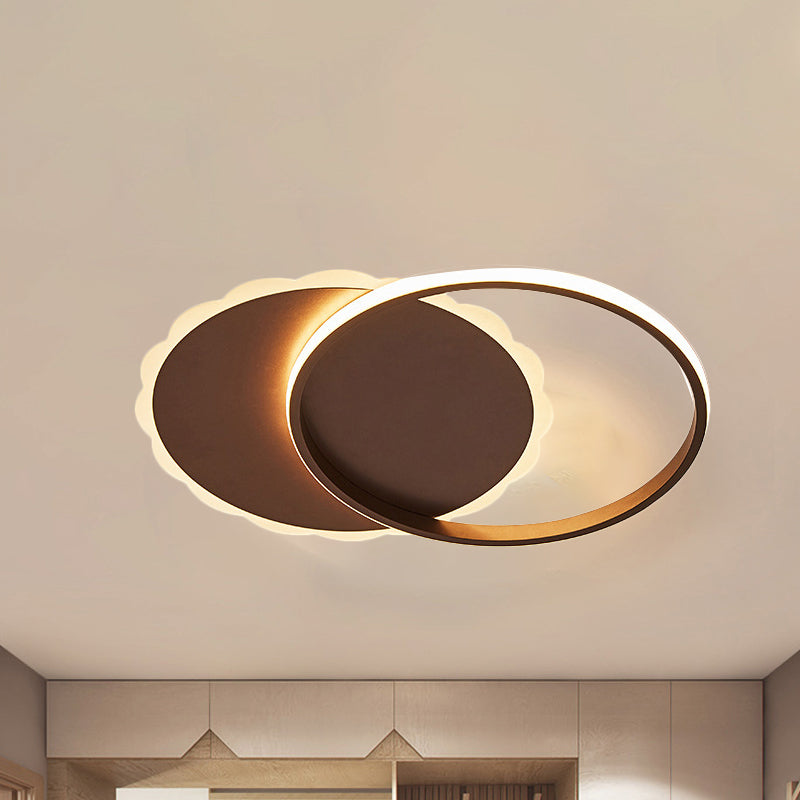 Sleek Moon LED Semi Flush Ceiling Light Fixture in White/Coffee Brown with Multiple Lighting Options