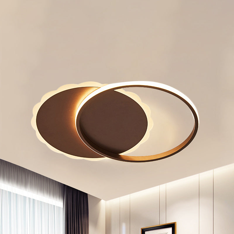 Sleek Moon LED Semi Flush Ceiling Light Fixture in White/Coffee Brown with Multiple Lighting Options