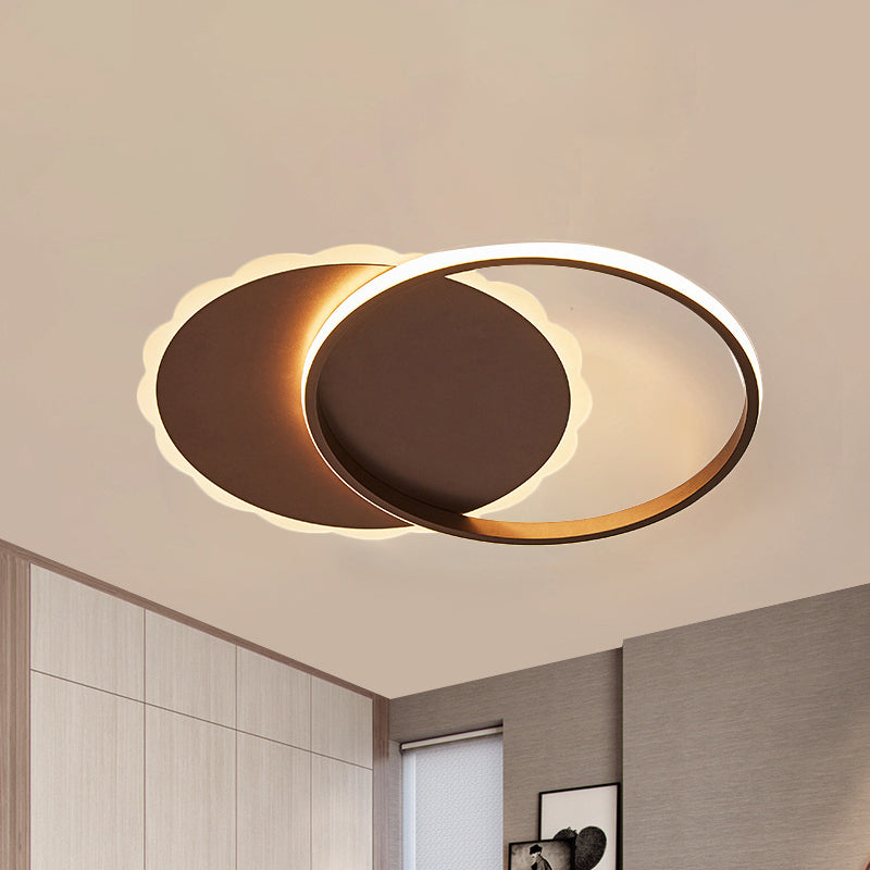 Sleek Moon LED Semi Flush Ceiling Light Fixture in White/Coffee Brown with Multiple Lighting Options
