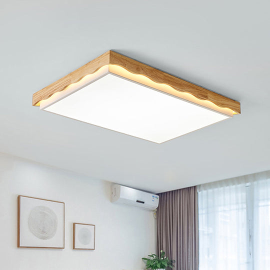 Minimalist Wood Beige LED Ceiling Light for Bedroom - Rectangular/Square Shapes in White/Warm with Acrylic Shade - 18"/21.5"/27.5" Wide