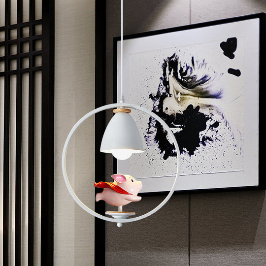 Nordic Hanging Light Kit - 1 Head Iron Bell And Ring Pendant Lamp White Finish With Whimsical