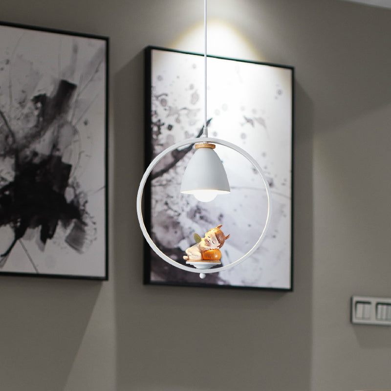 Nordic Hanging Light Kit - 1 Head Iron Bell And Ring Pendant Lamp White Finish With Whimsical