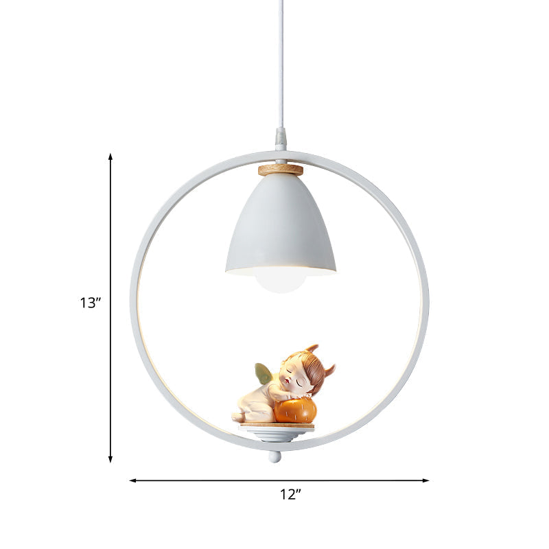 Nordic Hanging Light Kit - 1 Head Iron Bell And Ring Pendant Lamp White Finish With Whimsical