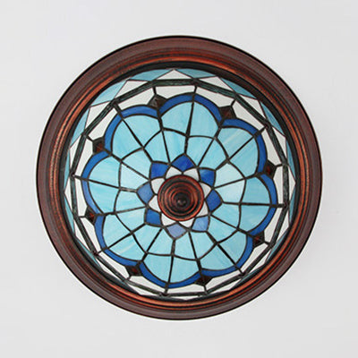 Lodge Stained Glass Bowl Ceiling Light Fixture - 1 Bulb Flushmount in Blue & White