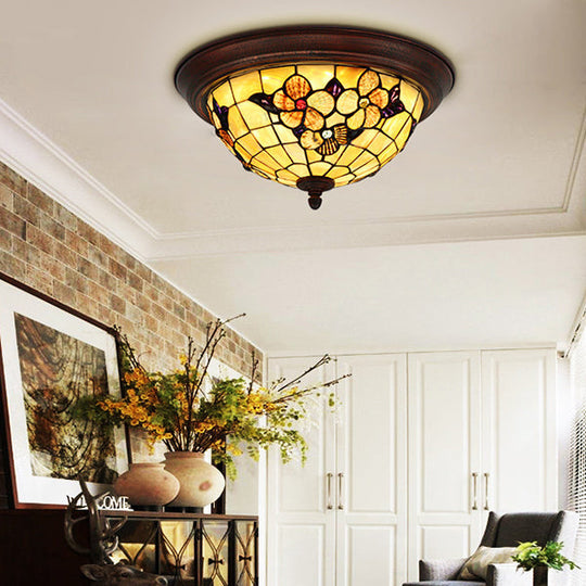 Vintage Beige Stained Glass Flushmount Ceiling Light with Flower Pattern - 1 Bulb
