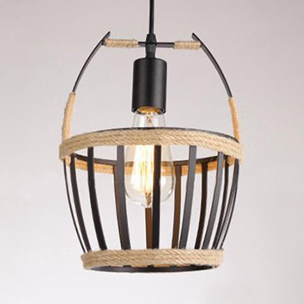 Country 1-Light Restaurant Pendant Ceiling Light with Rope Detail in Black
