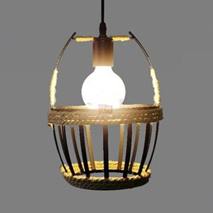 Metal Bucket Cage Pendant Ceiling Light With Rope Detail - Country Style In Black For Restaurants