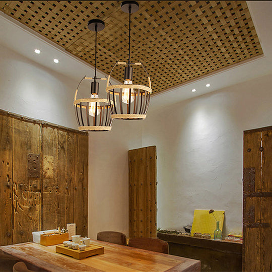 Metal Bucket Cage Pendant Ceiling Light With Rope Detail - Country Style In Black For Restaurants