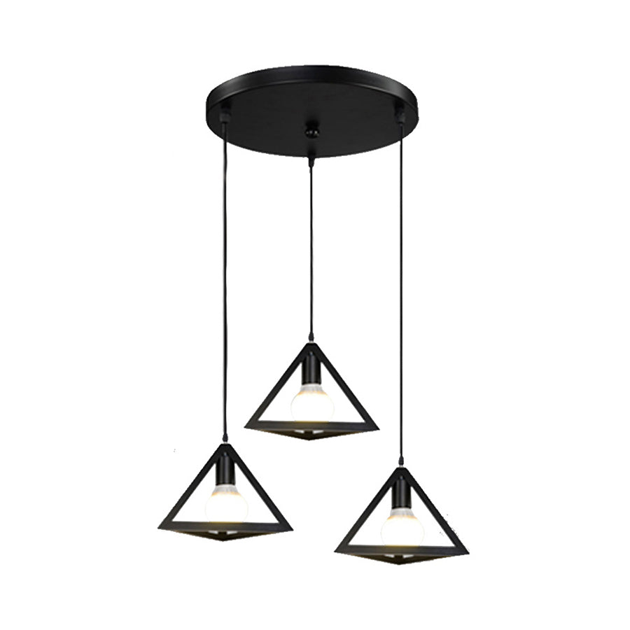 Retro Industrial Hanging Lamp with 3 Triangle Metallic Heads and Wire Guard in Black/White