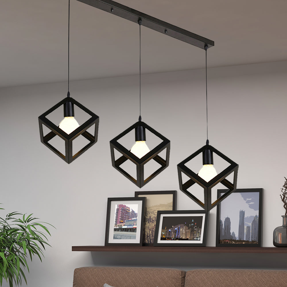 Industrial Metal Pendant Light With Wire Cage Shade - 3 Bulbs Black/White For Living Room Ceiling