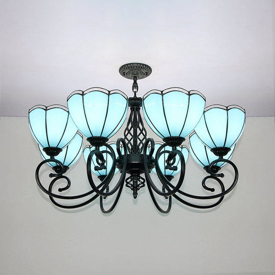Loft Style Stained Glass Chandelier – Blue Scalloped Hanging Light with Curved Arm (8 Lights)
