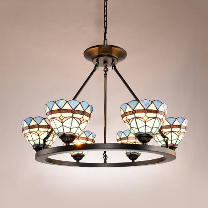 Blue Glass Baroque Chandelier with Bowl Design and 6 Lights in Antique Bronze for Dining Room