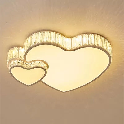 Plafonnier LED moderne à double cœur blanc avec décoration en cristal transparent – ​​Plafonnier acrylique élégant pour chambre à coucher