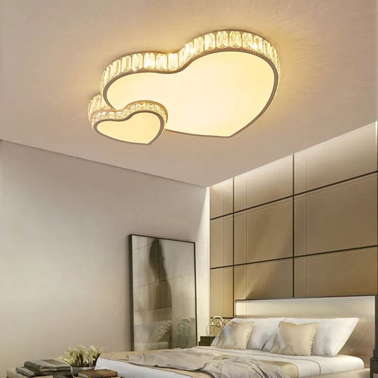 Plafonnier LED moderne à double cœur blanc avec décoration en cristal transparent – ​​Plafonnier acrylique élégant pour chambre à coucher