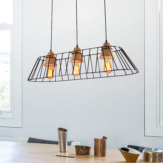 Industrial Black Linear Caged Island Pendant Light with Wooden Cap - 3 Lights