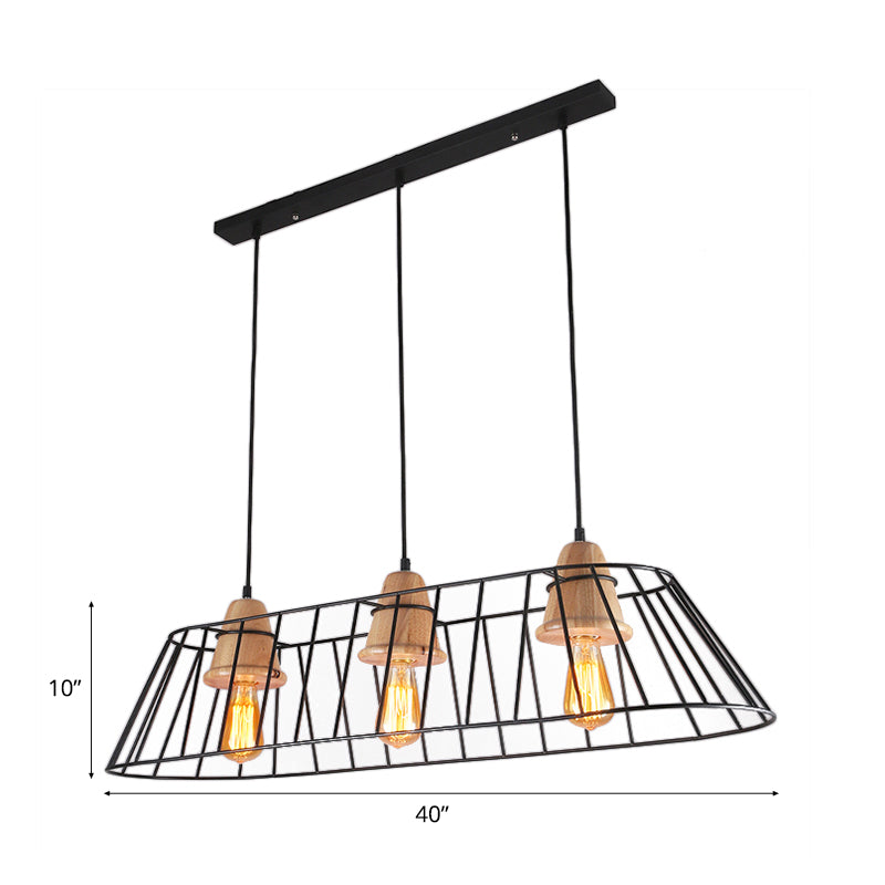 Industrial Black Metal Island Lighting - 3-Light Linear Caged Pendant For Dining Room With Wooden