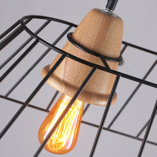 Industrial Black Metal Island Lighting - 3-Light Linear Caged Pendant For Dining Room With Wooden