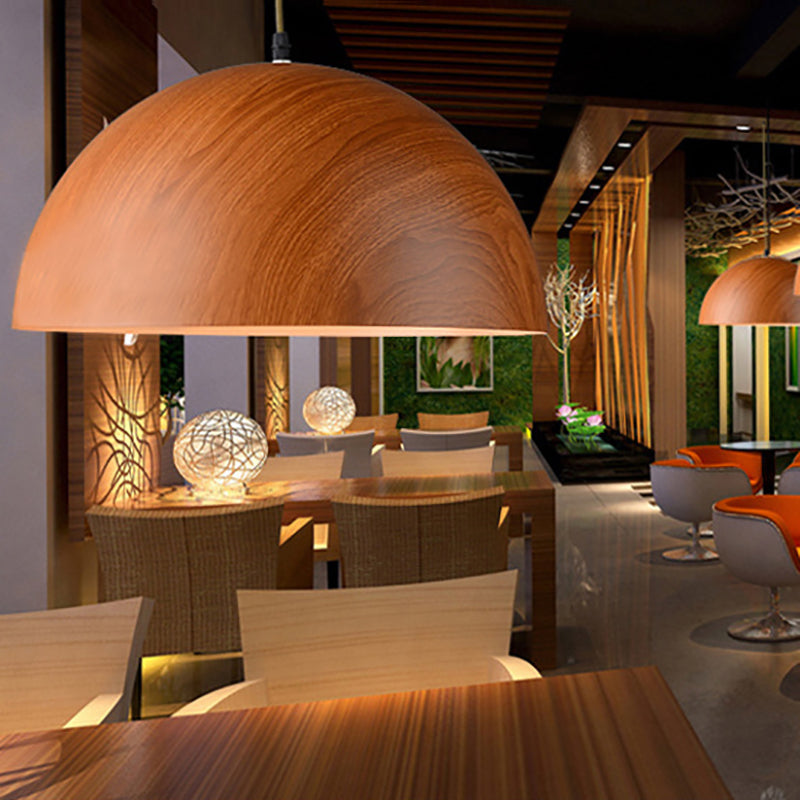 Contemporary Aluminum Domed Pendant Light with Wood Design in Dark Brown/Light Brown - Balcony Suspension