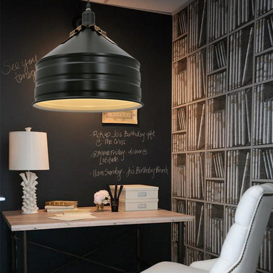 Industrial Metal Ceiling Hanging Lamp With Black Drum Shade - 1-Light Bedroom Pendant Light