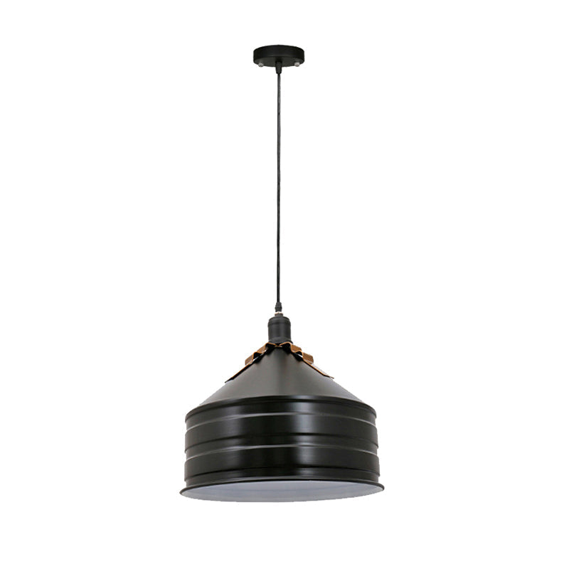 Industrial Metal Ceiling Hanging Lamp With Black Drum Shade - 1-Light Bedroom Pendant Light