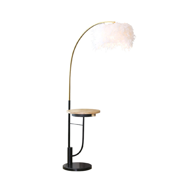 Modern Single Gold And Black Standing Lamp: Fishing Rod Style With White Feather Drum Shade