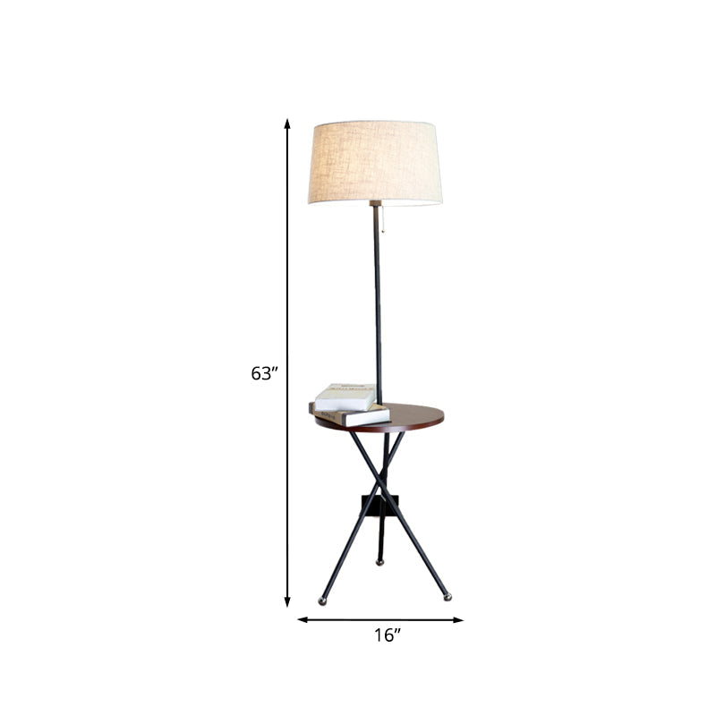 Modern Drum Floor Lamp For Living Room - Single Light Standing In Flaxen Fabric