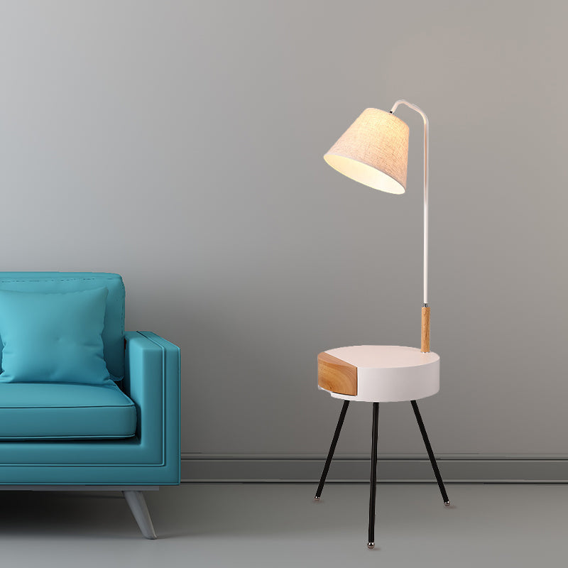 Modern Tripod Floor Lamp With Metallic Single Head Wood Stand And Fabric Shade - Black/Grey/White