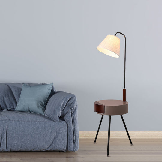 Modern Tripod Floor Lamp With Metallic Single Head Wood Stand And Fabric Shade - Black/Grey/White