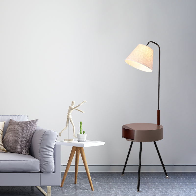 Modern Tripod Floor Lamp With Metallic Single Head Wood Stand And Fabric Shade - Black/Grey/White