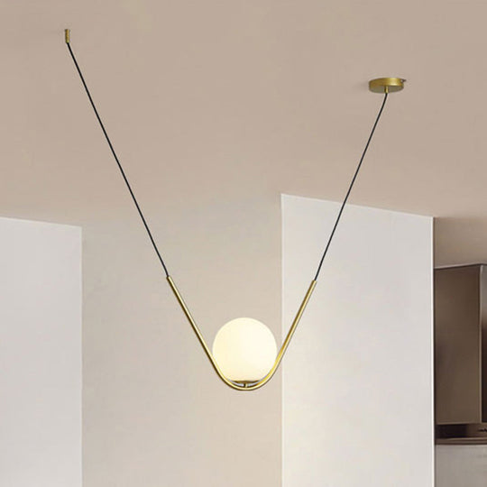 Modern Gold Glass Pendant Light with LED, V-Shaped Rod for Dining Room