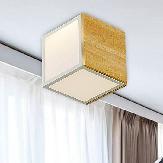 Modern Chinese LED Flush Mount Light - Wooden Box Design with Warm/White Light