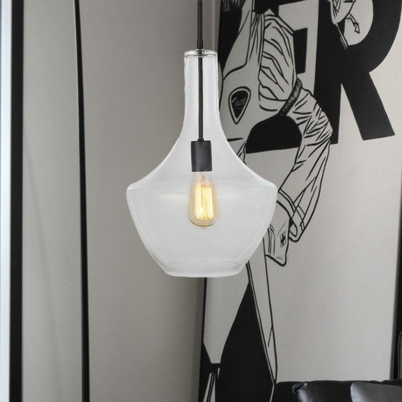 Wide Urn Shape Clear Glass Pendant Lamp - Modernist 1 Light Black Hanging
