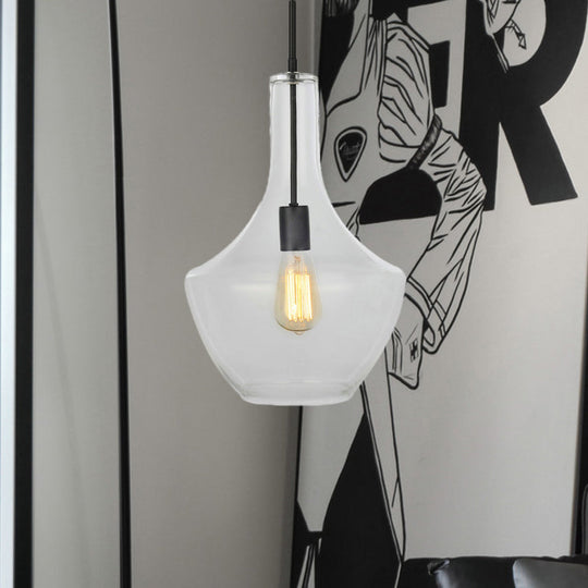 Wide Urn Shape Clear Glass Pendant Lamp - Modernist 1 Light Black Hanging