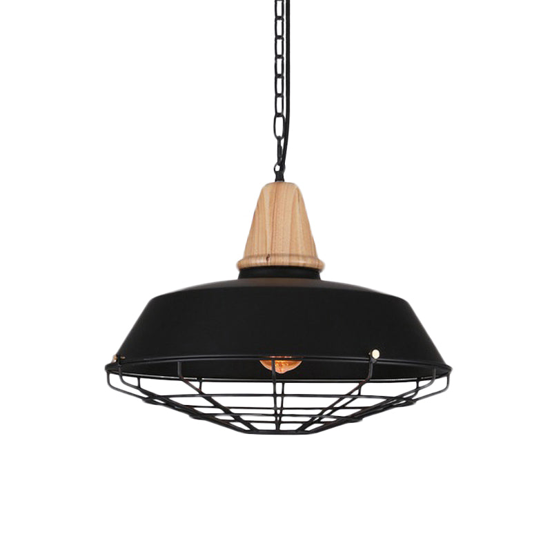 Metallic Retro Style Ceiling Hanging Pendant Light with Barn and Wire Guard, 1 Head, Black, 3 Sizes Available