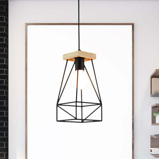 Modern Nordic Pendant Light - Metal Cage Shade, 1 Head Ceiling Fixture in Black/Blue