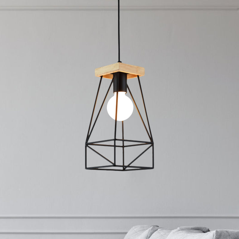 Modern Nordic Pendant Light - Metal Cage Shade, 1 Head Ceiling Fixture in Black/Blue