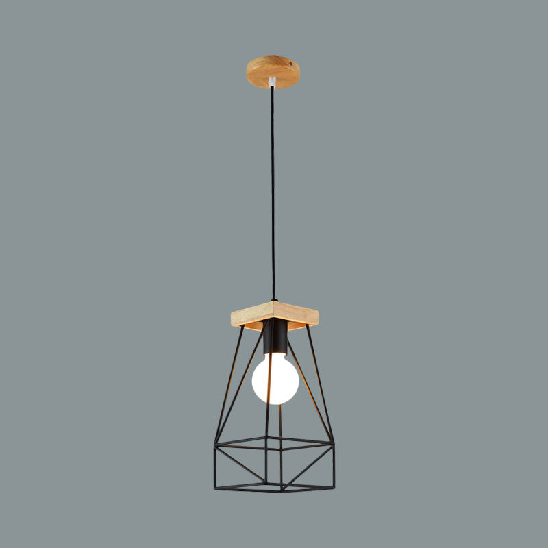 Modern Nordic Pendant Light - Metal Cage Shade, 1 Head Ceiling Fixture in Black/Blue