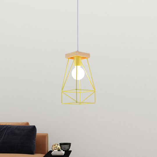 Modern Nordic Pendant Light - Metal Cage Shade, 1 Head Ceiling Fixture in Black/Blue