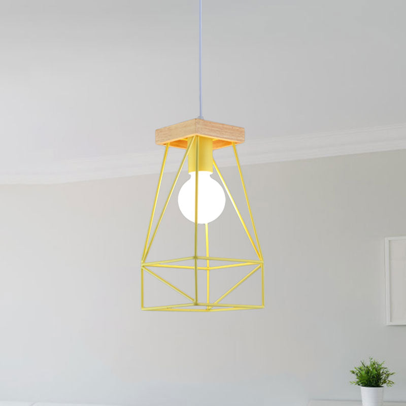 Modern Nordic Pendant Light - Metal Cage Shade, 1 Head Ceiling Fixture in Black/Blue