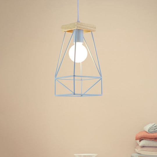 Modern Nordic Pendant Light - Metal Cage Shade, 1 Head Ceiling Fixture in Black/Blue